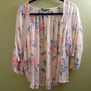 Womans M Express White And  Pink Pleated Cardigan Relaxed Fit Laced Flowy